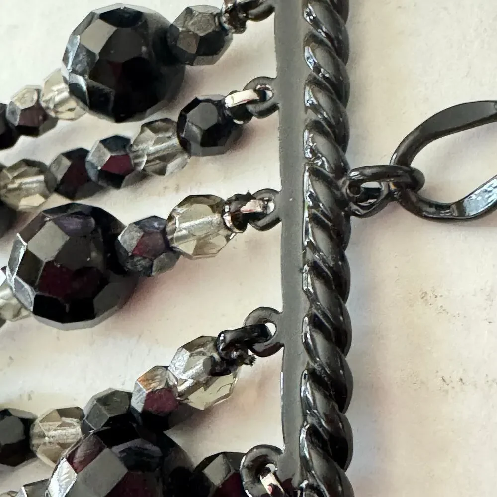 Vintage Black Jet Crystal Choker Necklace Clip Earrings Set Red Rhinestones